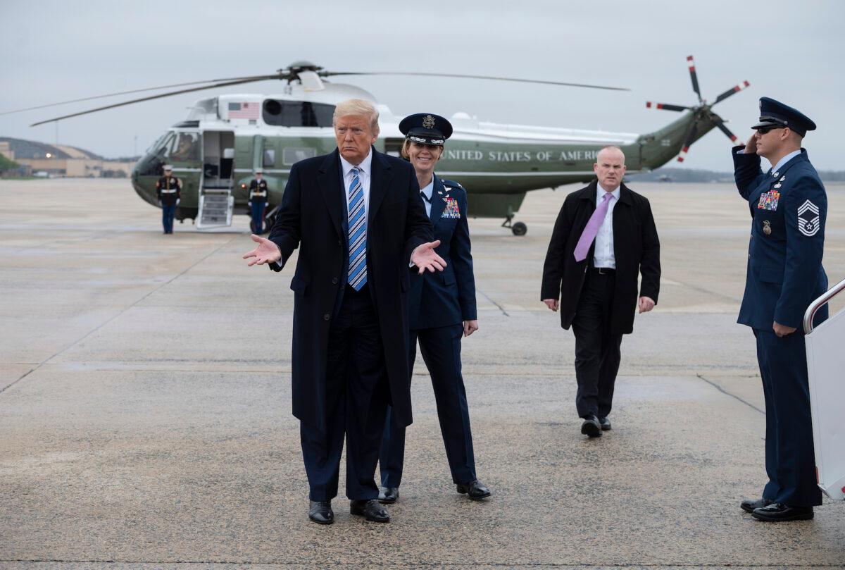 President Donald Trump speaks to the press before boarding Air Force One at Joint Base Andrews, Maryland, on March 28, 2020. (Jim Watson-Pool/Getty Images)
