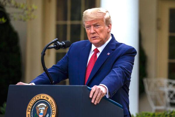 President Donald Trump speaks in the Rose Garden for the daily CCP virus briefing at the White House in Washington, on March 29, 2020. (Tasos Katopodis/Getty Images)