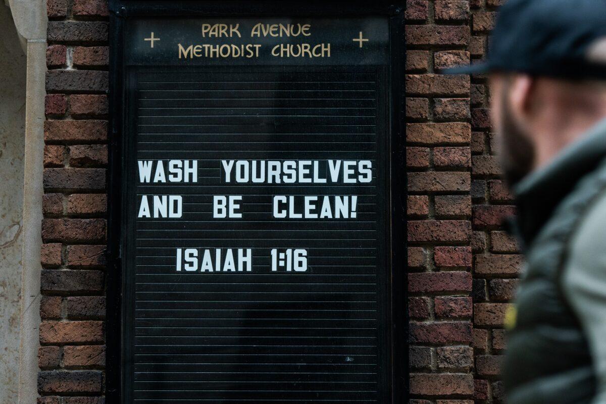 A Bible phrase from the book of Isaiah adorns the outside of church in New York City on March 12, 2020. (Jeenah Moon/Getty Images)