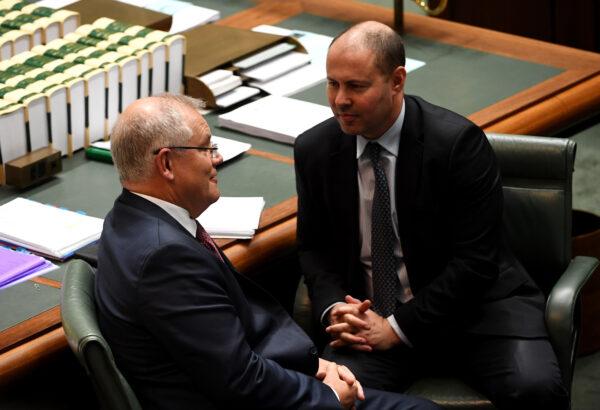 Australian Prime Minister Scott Morrison and Finance Minister Josh Frydenberg during Question Time in the House of Representatives in Canberra, Australia, on March 3, 2020. (Tracey Nearmy/Getty Images)