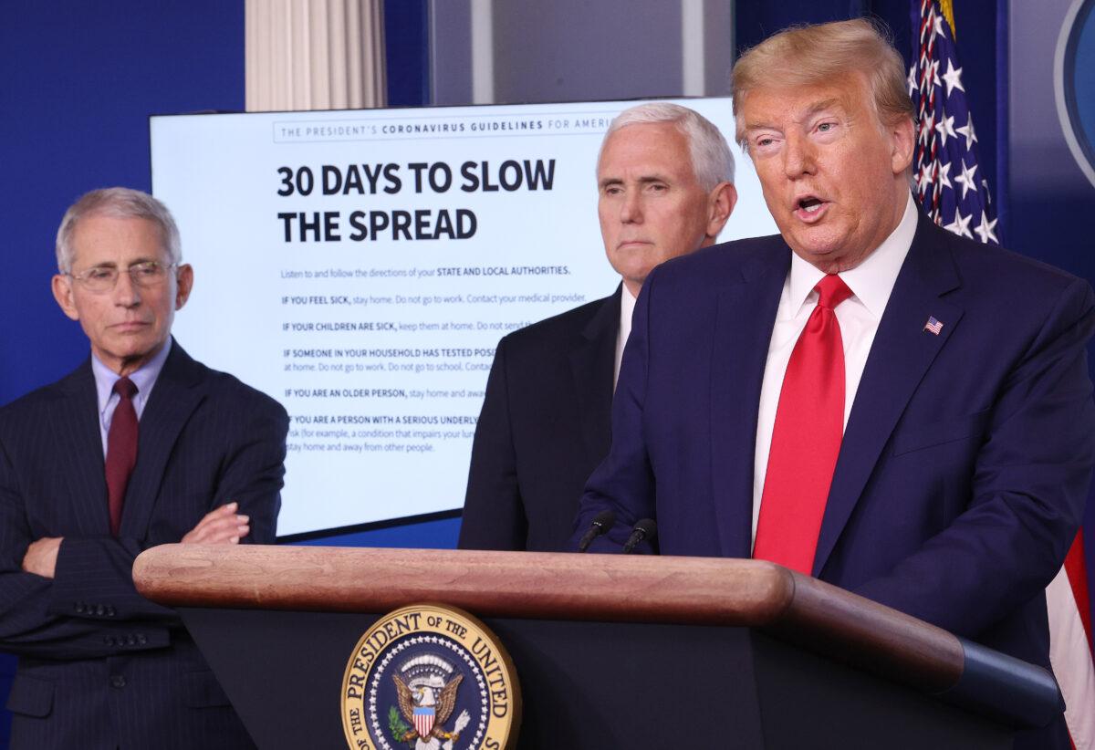 President Donald Trump speaks while flanked by Dr. Anthony Fauci (L), director of the National Institute of Allergy and Infectious Diseases, and Vice President Mike Pence during the daily coronavirus task force briefing in the Brady Briefing room at the White House on March 31, 2020. (Win McNamee/Getty Images)