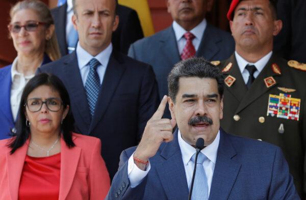 Venezuelan regime leader Nicolas Maduro speaks during a news conference at Miraflores Palace in Caracas, Venezuela, on March 12, 2020. (Manaure Quintero/Reuters)