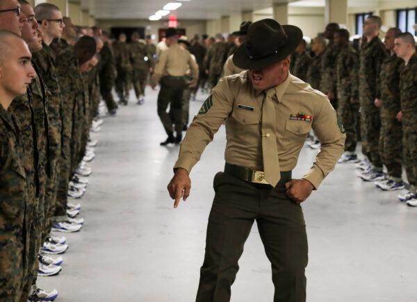A drill instructor corrects recruits on their deficiencies at Marine Corps Recruit Depot Parris Island, S.C., on Nov. 16, 2019. (Lance Cpl. Godfrey Ampong/U.S. Marine Corps)