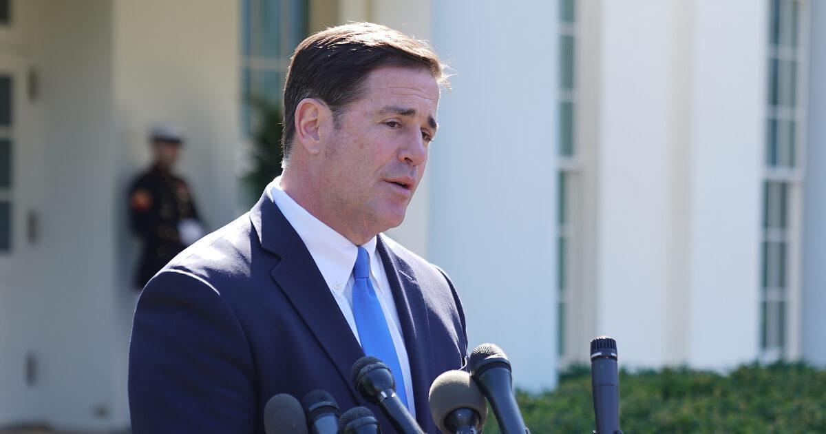 Arizona Gov. Doug Ducey talks to reporters after meeting with President Donald Trump at the White House on April 3, 2019. (Chip Somodevilla/Getty Images)