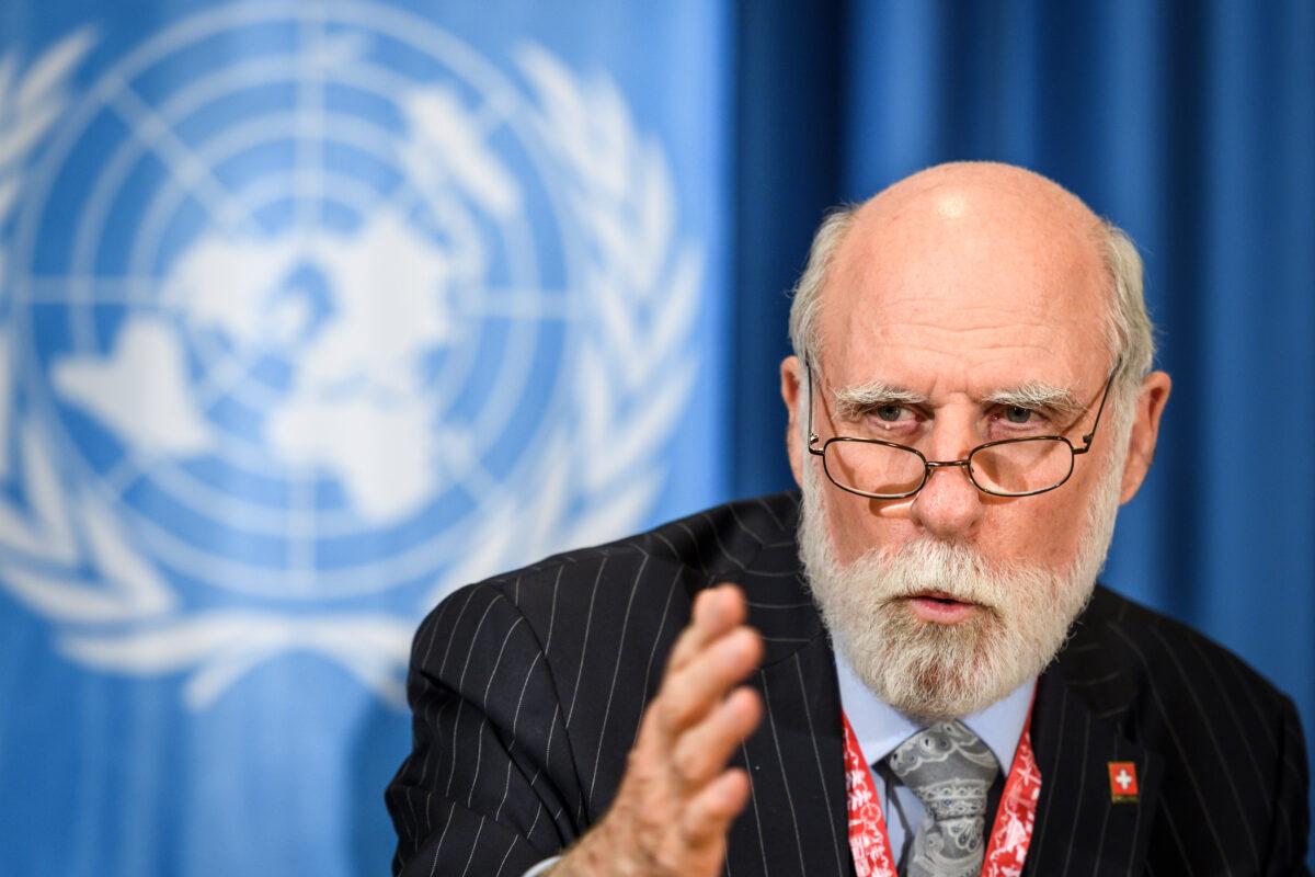 Google vice president and co-inventor of the internet protocol Vint Cerf speaks to reporters on the sidelines of the annual Internet Governance Forum at the United Nations Offices in Geneva on Dec. 21, 2017. (Fabrice Coffrini/AFP via Getty Images)