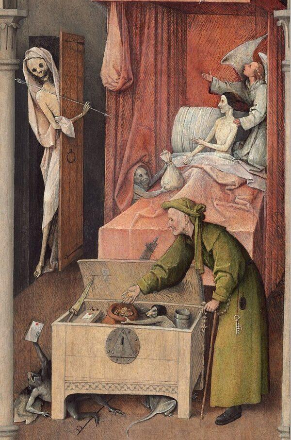 A detail from “Death and the Miser” circa 1485–1490 by Hieronymus Bosch. Oil on panel, 36 5/8 by 12 3/16 inches. National Gallery of Art, Washington. (Public Domain)