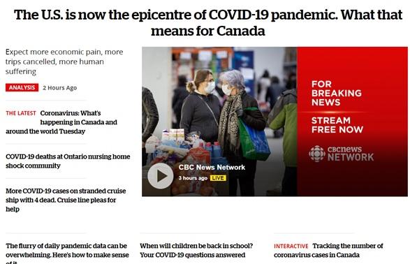 The lead story on the CBC News homepage, cbc.ca/news, on March 31, 2020. (Screenshot)