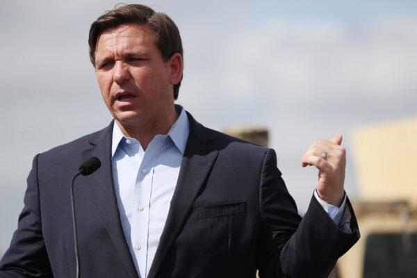 Florida Gov. Ron DeSantis speaks during a news conference in the Hard Rock Stadium parking lot on March 30, 2020 in Miami Gardens, Florida. (Photo by Joe Raedle/Getty Images)