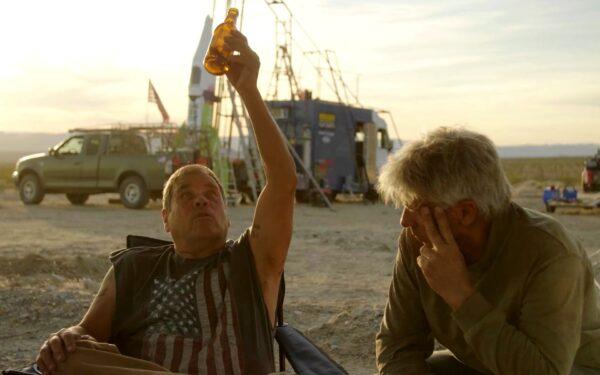 Waldo Stakes (L) and Mike Hughes (R) at the site of Hughes's rocket launch in Amboy, Calif., in 2018. (Toby Brusseau)