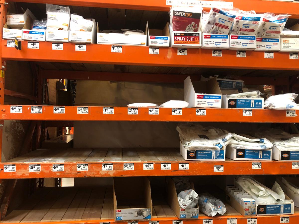 Shelves where protective masks were once displayed sit empty at a Home Depot store in San Rafael, California, on March 2, 2020. (Justin Sullivan/Getty Images)