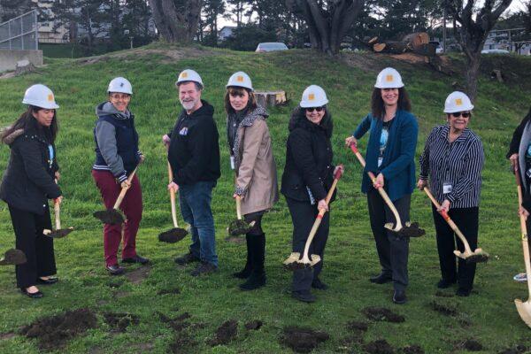 David Davenport (3rd R), a French teacher at Jefferson High School in the Bay Area, helps break ground on a new teacher housing project near the school, on Feb. 5, 2020. (Courtesy of David Davenport)