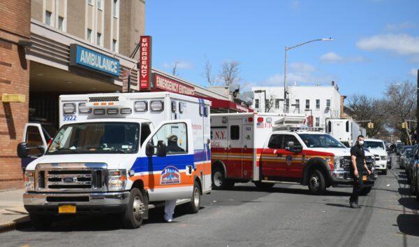 Ambulances in front of the emergency room entrance of the Wyckoff Heights Medical Center in Brooklyn, New York City, on April 2, 2020. (Angela Weiss/AFP via Getty Images)