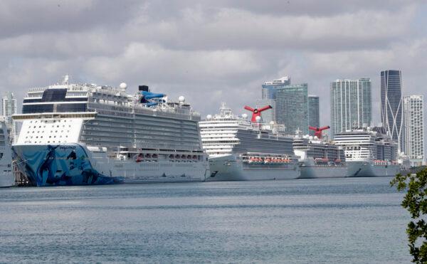 Cruise ships are shown docked at PortMiami in Miami, Fla., on March 31, 2020. (Wilfredo Lee/AP)