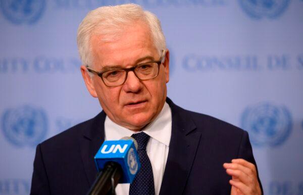 Poland minister of Foreign Affairs Jacek Czaputowicz speaks to the press after a United Nations Security Council meeting at the United Nations in New York on August 20, 2019. (Johannes Eisele/AFP via Getty Images)