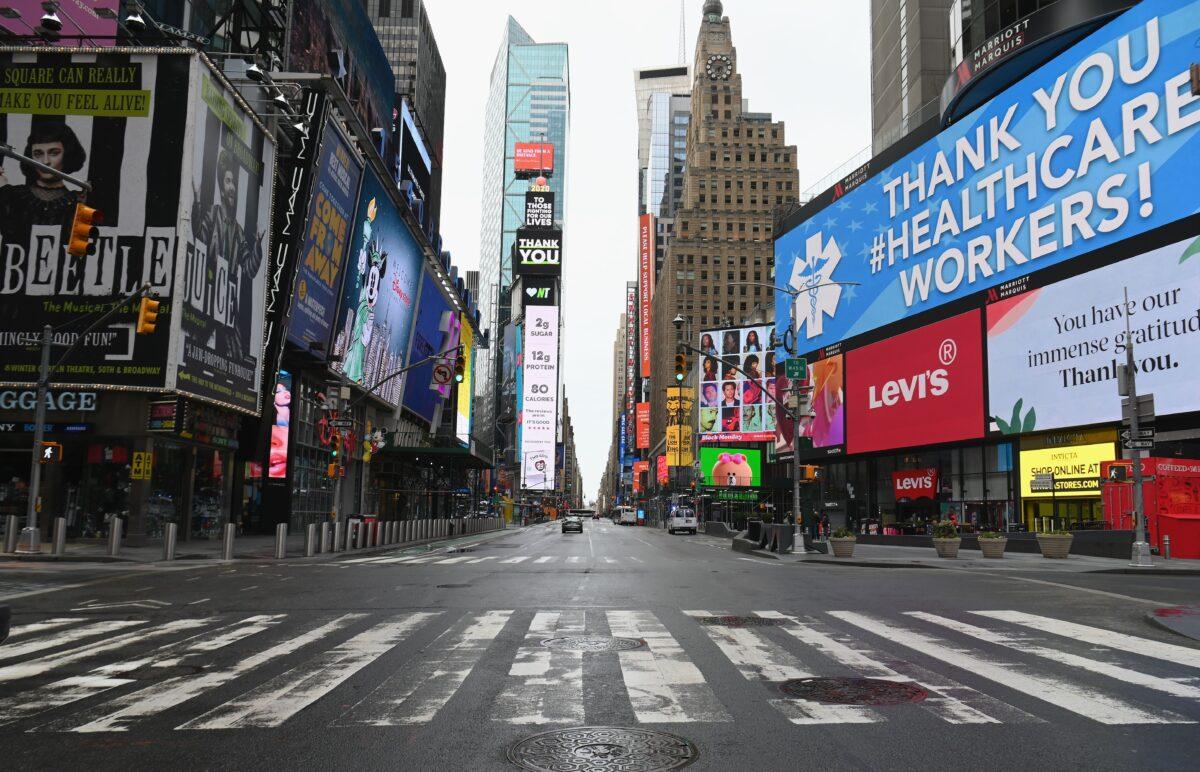 View of an almost empty Times Square in New York on April 3, 2020. (Angela Weiss/AFP via Getty Images)