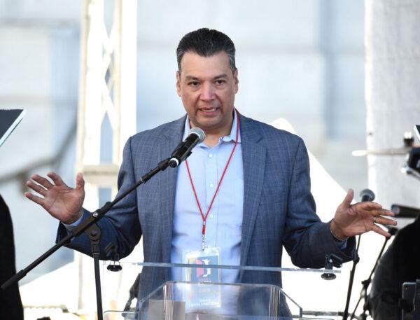 A file photo of Secretary of State of California Alex Padilla speaking at the Women's March Los Angeles on Jan. 20, 2018. (Amanda Edwards/Getty Images for The Women's March Los Angeles)