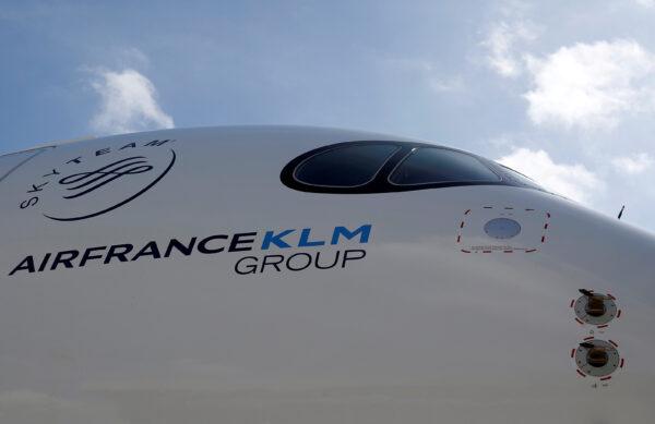 The logo of Air France KLM Group is pictured on the first Air France airliner's Airbus A350 during a ceremony at the aircraft builder's headquarters of Airbus in Colomiers near Toulouse, France on Sept. 27, 2019. (Regis Duvignau/Reuters)