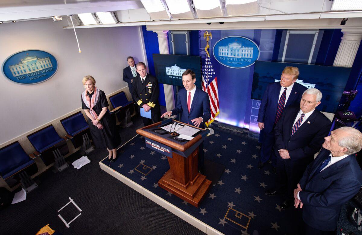 Senior adviser to the president Jared Kushner speaks, flanked by (L-R) response coordinator for White House Coronavirus Task Force Dr. Deborah Birx, Rear Adm. John Polowczyk, President Donald Trump, Vice President Mike Pence, and Director of Trade and Manufacturing Policy Peter Navarro, during the daily briefing on the CCP virus in the Brady Briefing Room at the White House in Washington on April 2, 2020. (Mandel Ngan/AFP via Getty Images)