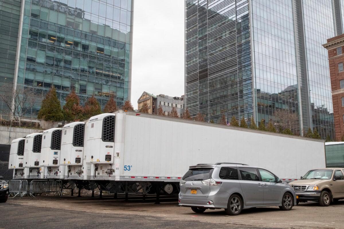 Refrigerated trailers are seen parked at the site of a makeshift morgue being built in New York City on March 25, 2020. (Mary Altaffer/AP Photo)