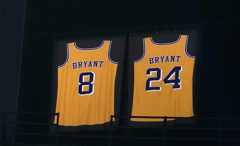 Two Los Angeles Lakers jerseys in Los Angeles, California, on March 8, 2020. Kobe Bryant is the only player in NBA history to have two numbers—No. 8 and No. 24—retired by the same team, the Lakers. (Kirby Lee-USA Today via Reuters)