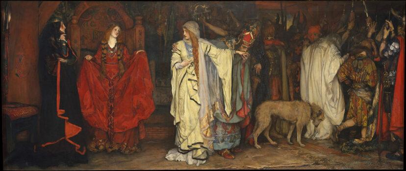 Considered one of Shakespeare’s greatest plays, “King Lear” was likely written when he was sheltering down during the plague. In this 1897–1898 painting by American artist Edward Austin Abbey, Cordelia (center) is banished by her elderly father and king, Lear, for not flattering him, while her elder sisters (L) look on and the king of France, impressed with her honesty, kisses her hand. The Metropolitan Museum of Art. (Public Domain)