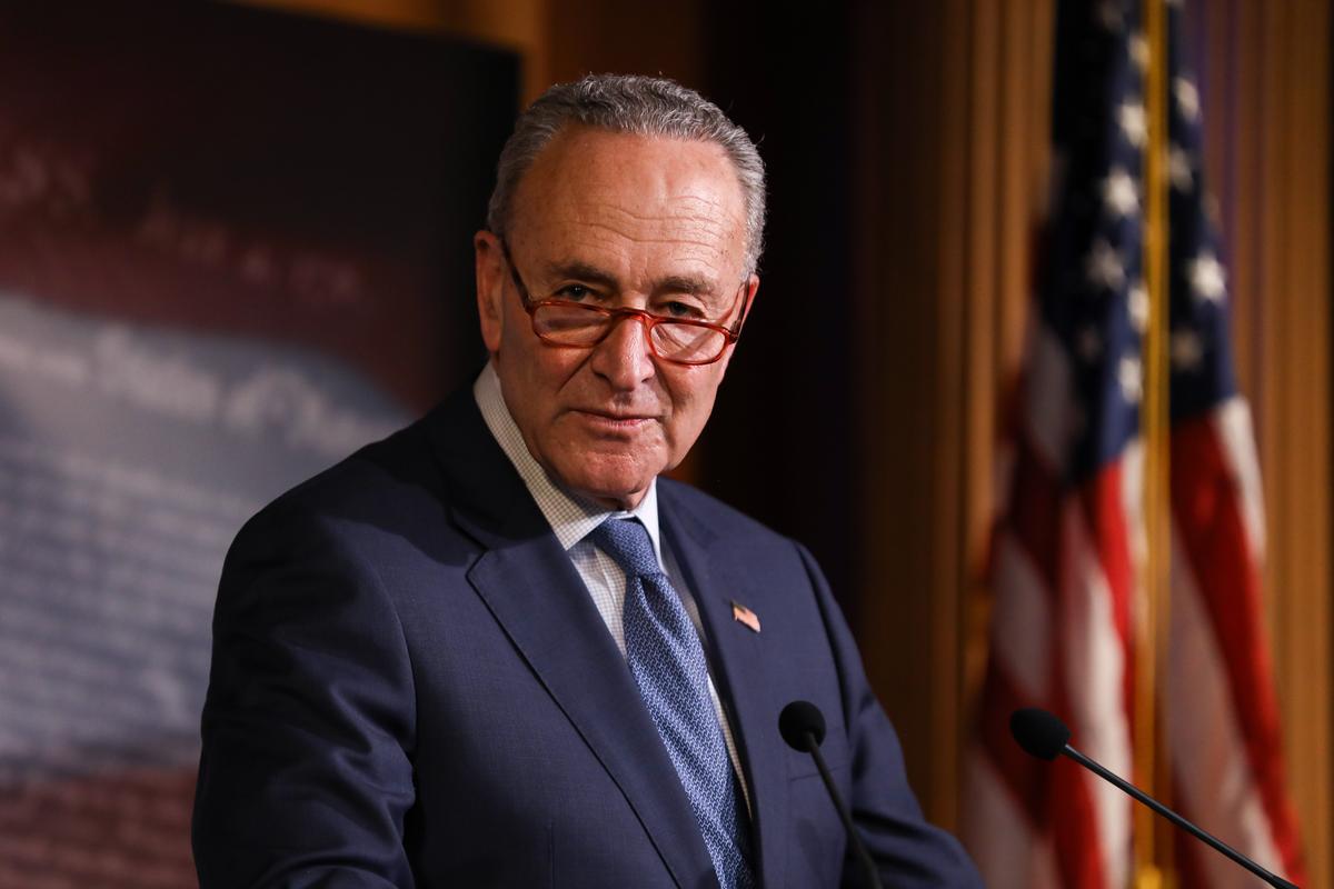 Senate Minority Leader Sen. Chuck Schumer (D-N.Y.) speaks to media after the Senate voted to acquit President Donald Trump on two articles of impeachment, at the Capitol in Washington on Feb. 5, 2020. (Charlotte Cuthbertson/The Epoch Times)