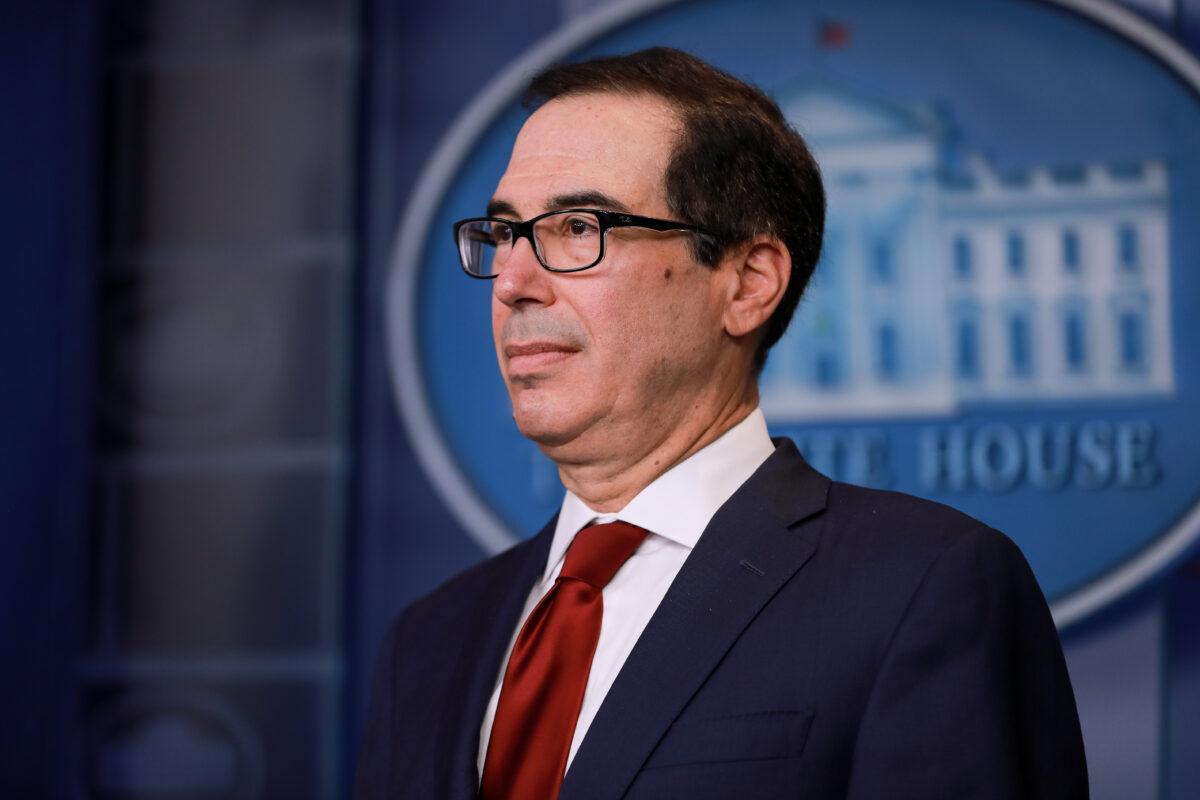 Secretary of the Treasury Steve Mnuchin at a media conference in the White House briefing room in Washington on Jan. 10, 2020. (Charlotte Cuthbertson/The Epoch Times)