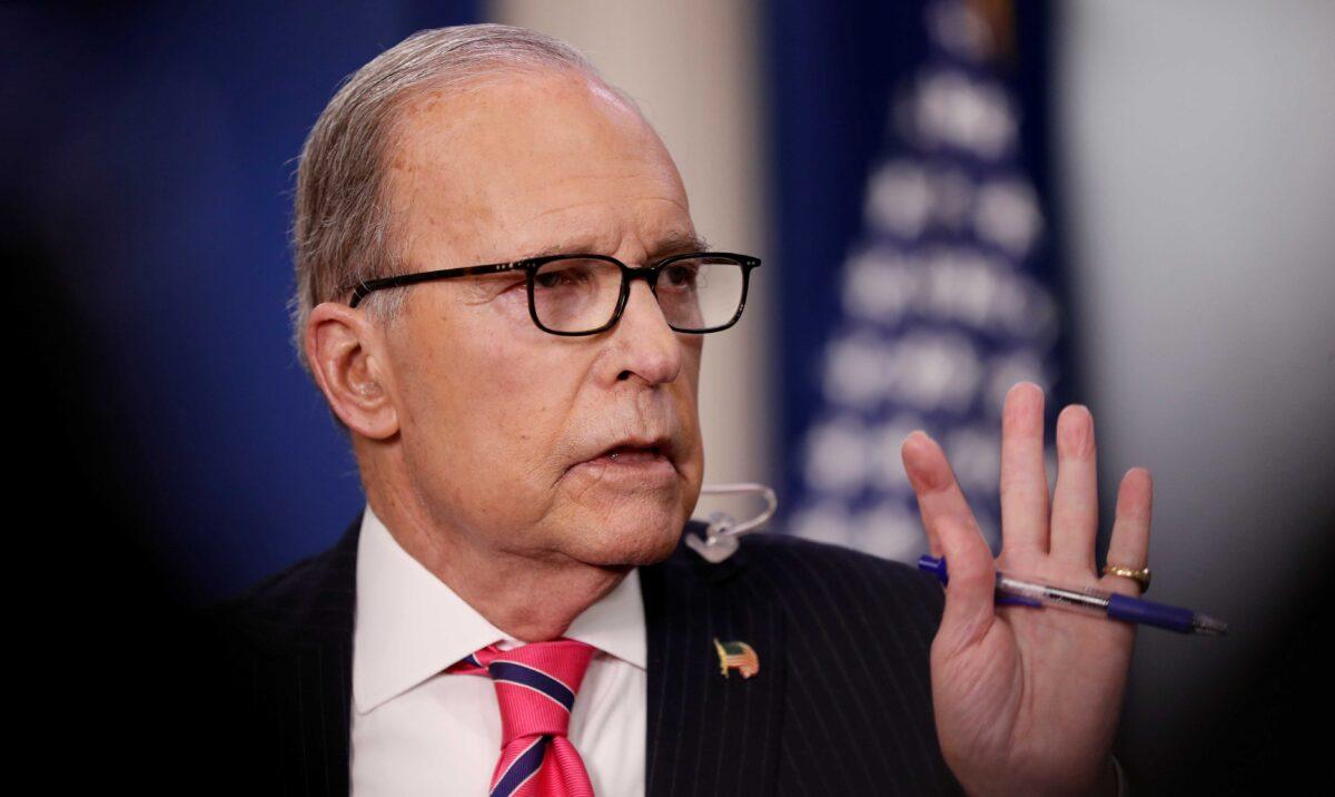 Director of the National Economic Council Larry Kudlow speaks to reporters inside the Brady Press Briefing room at the White House on Feb. 13, 2020. (Tom Brenner/Reuters)