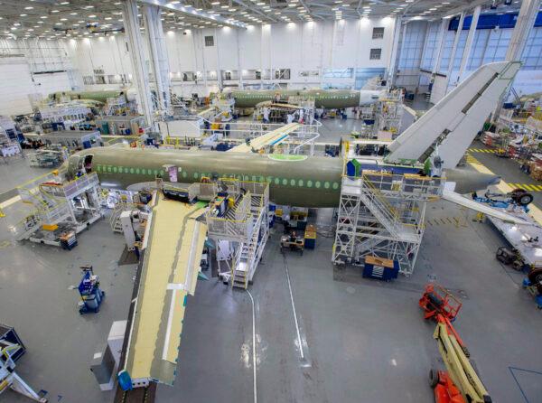 The Airbus A220 assembly line at the company's facility in Mirabel, Quebec, on Jan. 14, 2019. (The Canadian Press/Ryan Remiorz)