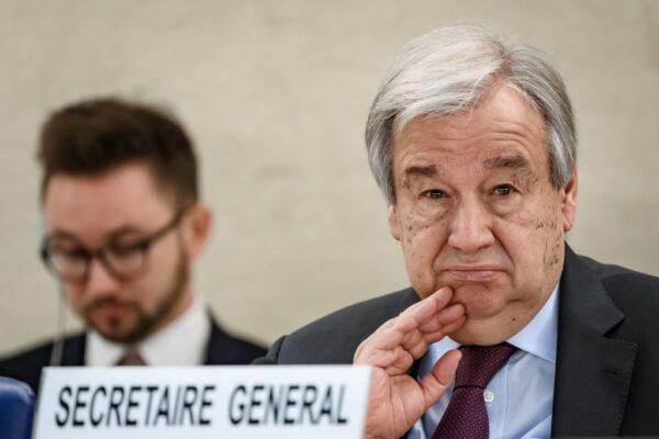 U.N. Secretary-General Antonio Guterres looks on during the opening of the U.N. Human Rights Council's main annual session in Geneva on Feb. 24, 2020. (Fabrice Coffrini/AFP via Getty Images)