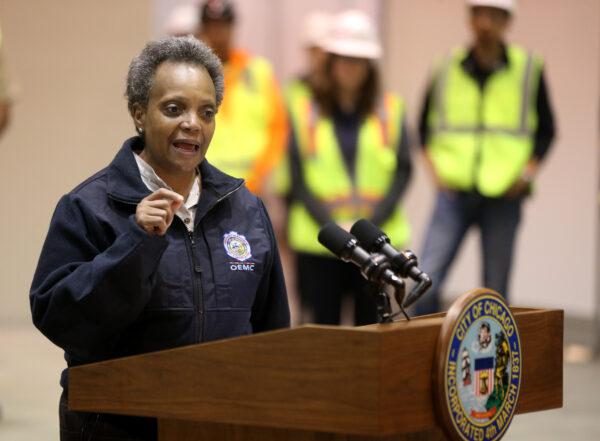 Chicago Mayor Lori Lightfoot at McCormick Place in Chicago, on April 3, 2020. (Chris Sweda-Pool via Getty Images)