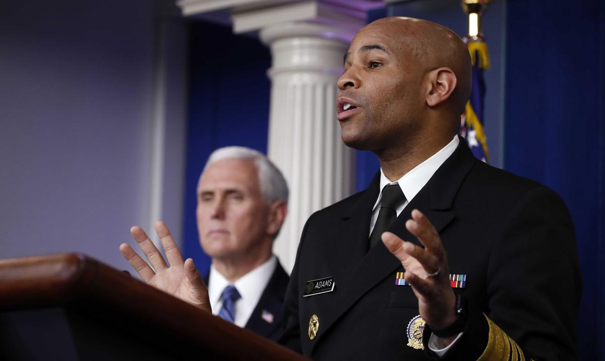 U.S. Surgeon General Jerome Adams speaks about the coronavirus in the James Brady Press Briefing Room of the White House in Washington on April 3, 2020. (Alex Brandon/AP Photo)