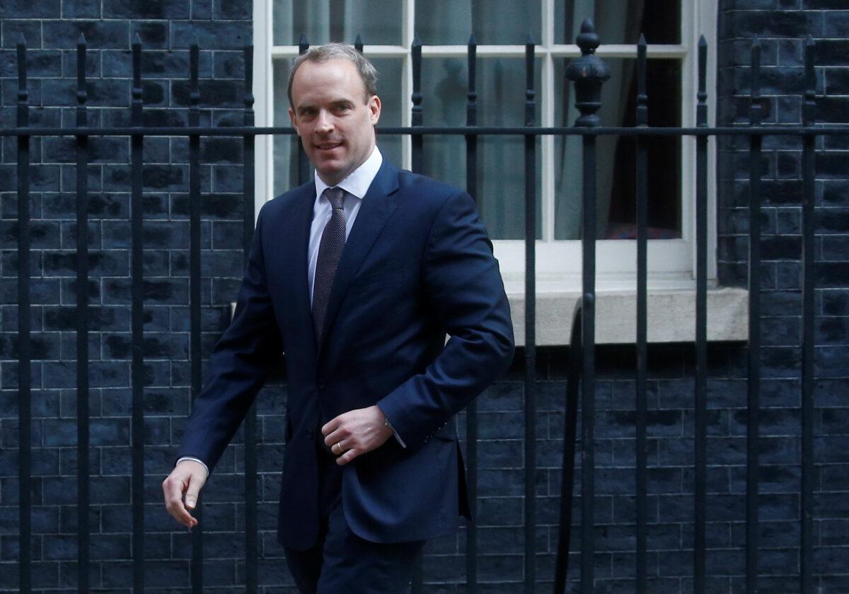 Secretary of State for Foreign affairs Dominic Raab leaves 10 Downing Street as British Prime Minister Boris Johnson stays in intensive care at St Thomas' Hospital suffering with COVID-19, in London on April 9, 2020. (Henry Nicholls/Reuters)