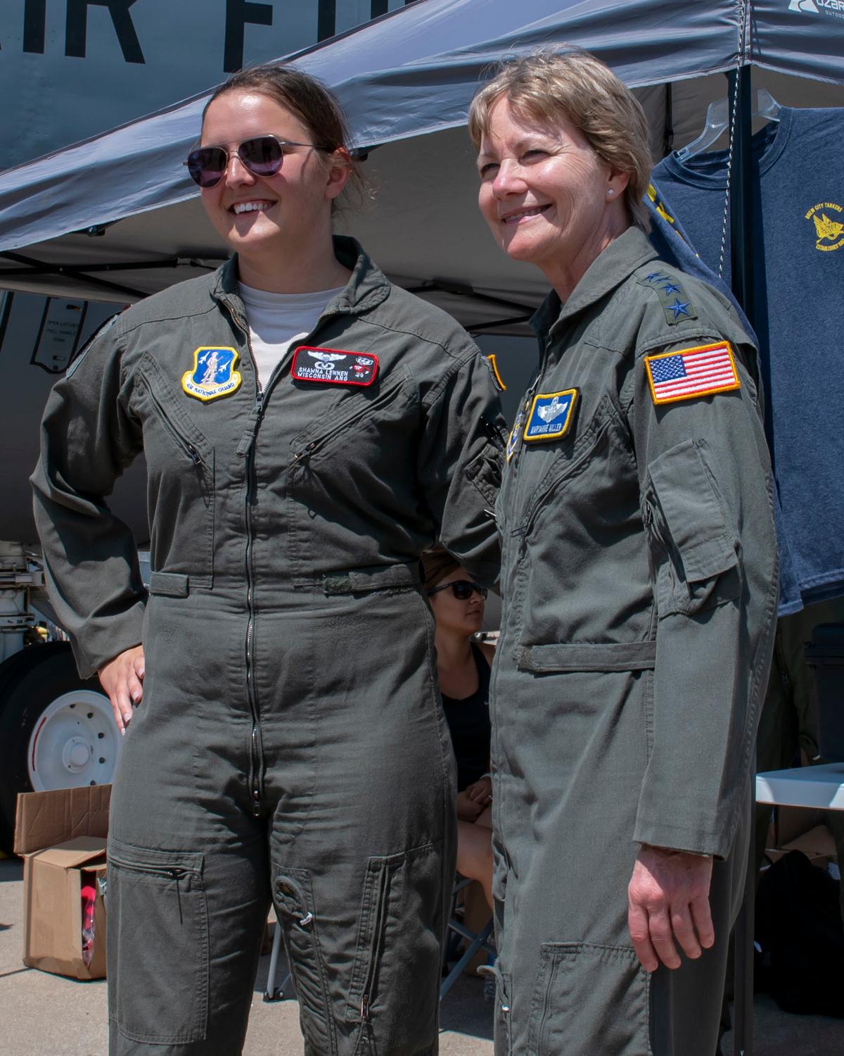 U.S. Air Force 2nd Lt. Shawna Lennen poses for a photo with U.S. Air Force Gen. Maryanne Miller at EAA AirVenture July 27, 2019, in Oshkosh, Wisconsin. (<a href="https://www.dvidshub.net/image/5630238/service-members-provide-support-eaa-airventure">Senior Airman Cameron Lewis</a>/DVIDSHUB)