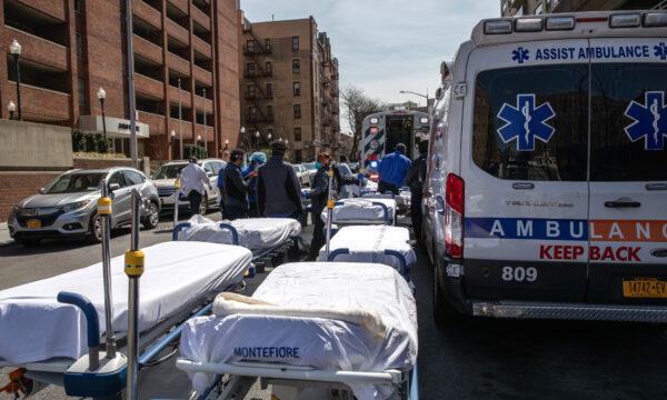 Stretchers outside the Montefiore Medical Center Moses Campus in the Bronx borough of New York City on April 7, 2020. (John Moore/Getty Images)