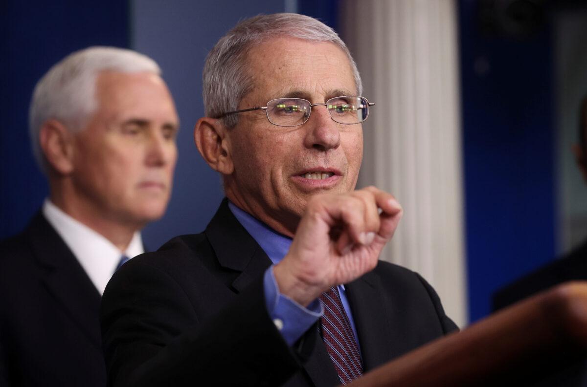 National Institute of Allergy and Infectious Diseases Director Dr. Anthony Fauci answers a question during the daily COVID-19 task force briefing as Vice President Mike Pence listens, at the White House in Washington on April 9, 2020. (Jonathan Ernst/Reuters)