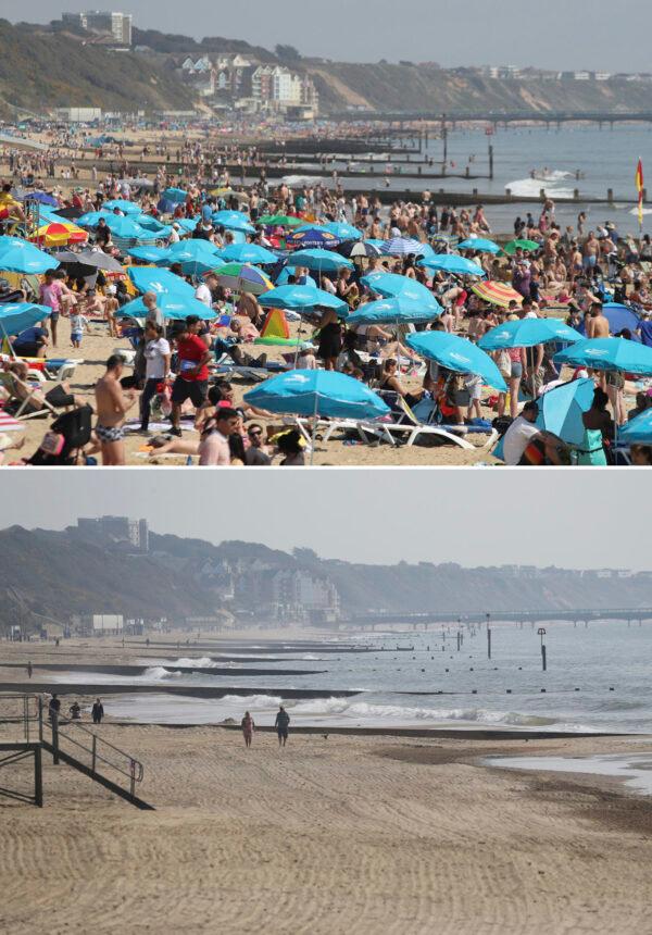 Bournemouth beach, Dorset, England on Easter bank holiday weekends on April 20, 2019 (Top) and on April 10, 2020 (Bottom). (Andrew Matthews/PA via AP)