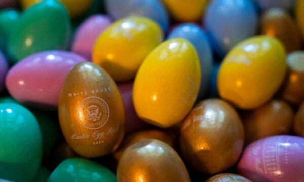 Wooden Easter eggs sit in a box at the White House on April 8, 2020. (Evan Vucci/AP Photo)