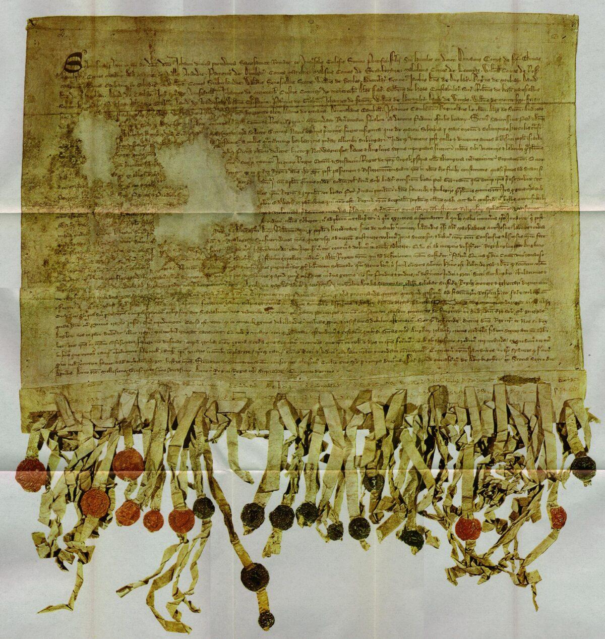 A reproduction of the "Tyninghame,” 1320, copy of the Declaration of Arbroath. (Public Domain)