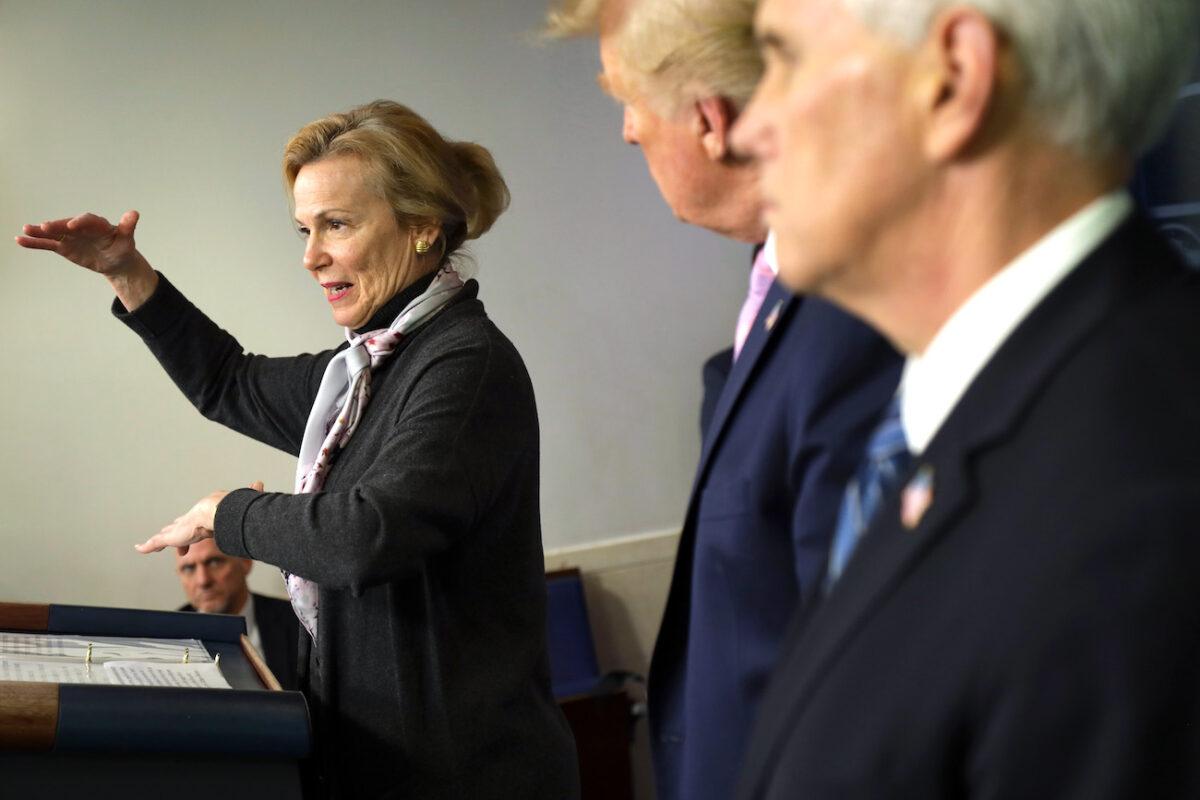 White House Coronavirus Response Coordinator Deborah Birx speaks at the daily briefing of the White House Coronavirus Task Force at the White House in Washington, on April 10, 2020. President Donald Trump and Vice President Mike Pence listen. (Alex Wong/Getty Images)