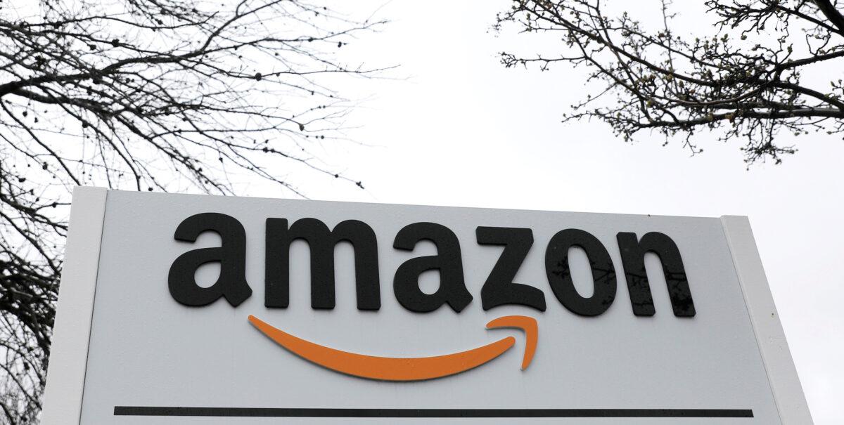 Signage at an Amazon facility in Bethpage on Long Island in New York on March 17, 2020. (Andrew Kelly/Reuters)