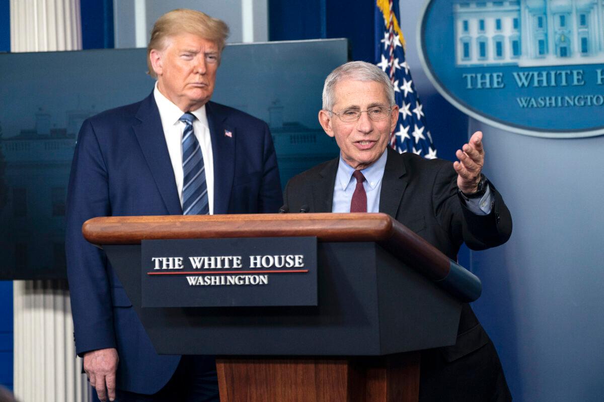 Dr. Anthony Fauci speaks alongside President Donald Trump at a press briefing in Washington, on April 5, 2020. (Sarah Silbiger/Getty Images)