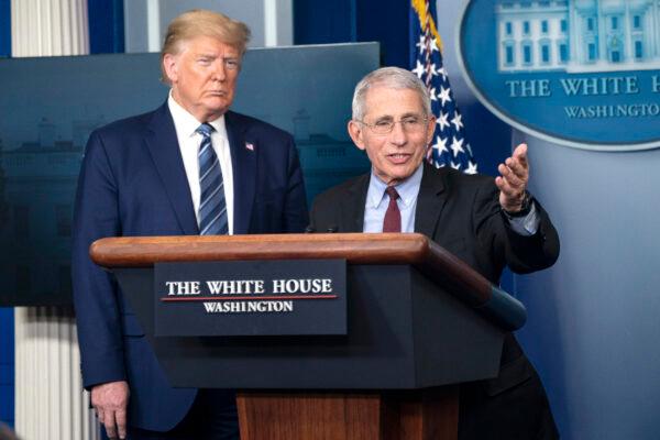 Anthony Fauci, director of the National Institute of Allergy and Infectious Diseases, speaks alongside President Donald Trump at a press briefing with members of the White House Coronavirus Task Force in Washington, on April 5, 2020. (Sarah Silbiger/Getty Images)