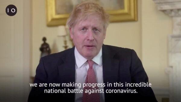 British Prime Minister Boris Johnson delivers a speech to British citizens after being discharged from hospital, in London, Britain, April 12, 2020 in this screen grab taken from social media video. (Twitter/@BorisJohnson via Reuters)