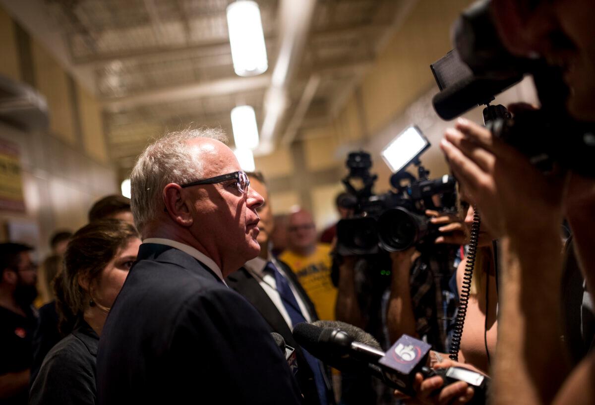 Then-candidate for Minnesota Gov. Tim Walz speaks to media in St. Paul, Minnesota, on Aug. 14, 2018. (Stephen Maturen/Getty Images)