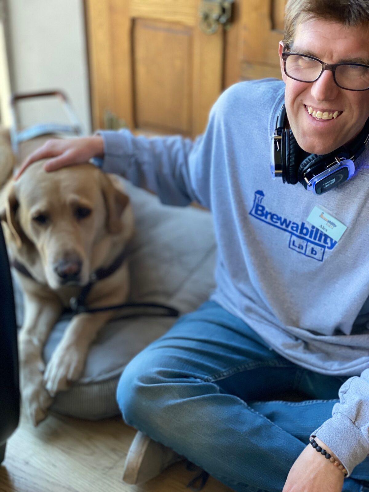 Alex Randall, beertender, and his guide dog, Paulo, are getting ready for Guided By Humanity adaptive inclusive community yoga at Brewability. (Courtesy of <a href="https://www.brew-ability.com/">Brewability Lab</a>)