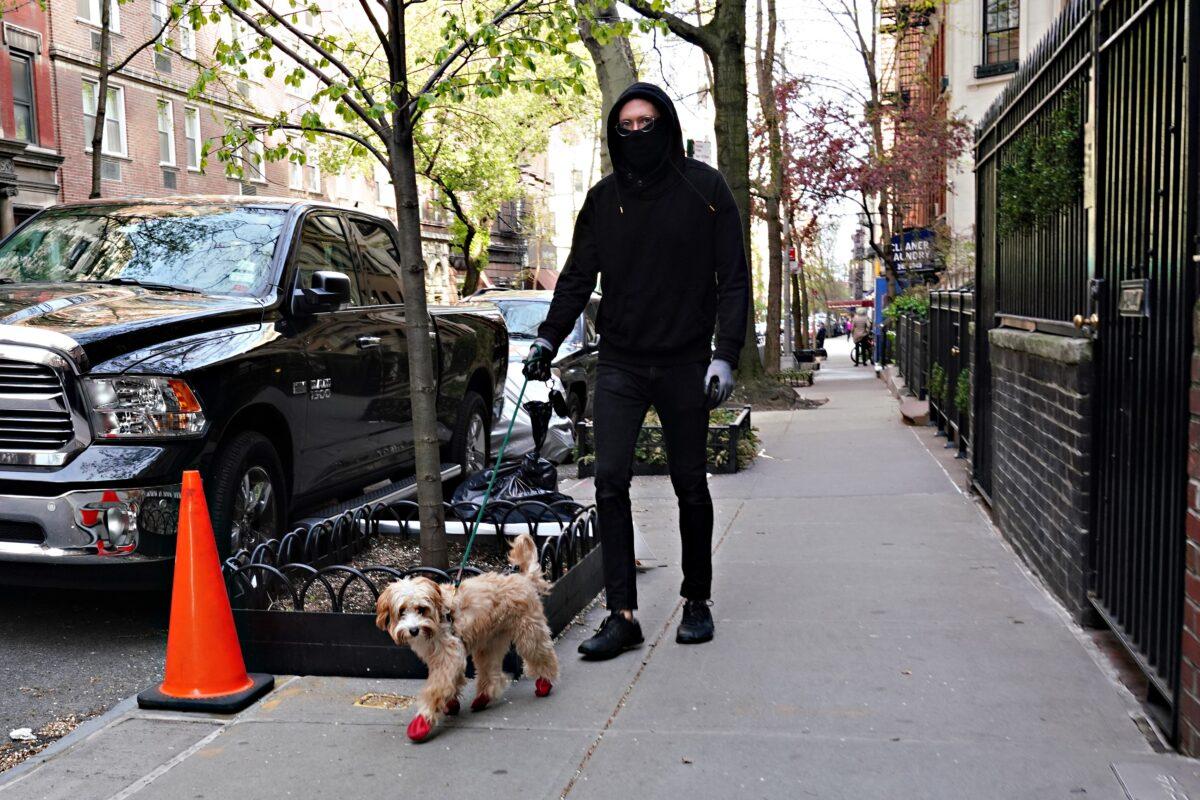 A person wearing a mask walks a dog during the COVID-19 pandemic in New York City on April 12, 2020. (Cindy Ord/Getty Images)