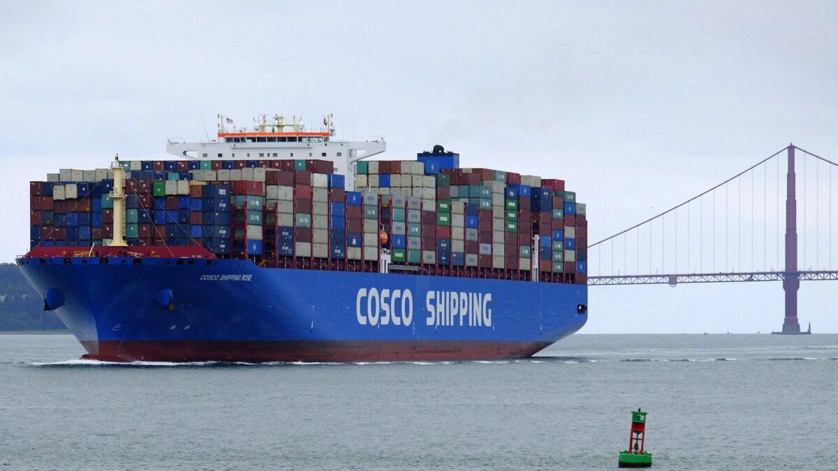 A China Ocean Shipping Company container ship passes the Golden Gate Bridge in San Francisco on May 14, 2019. (Eric Risberg/AP Photo)