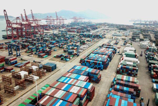 Containers stacked at a port in Lianyungang in China's eastern Jiangsu province, China, on April 14, 2020. (STR/AFP via Getty Images)