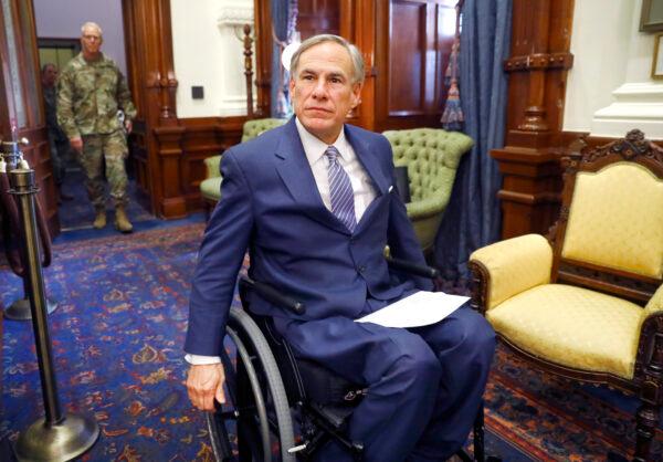Texas Governor Greg Abbott arrives for his COVID-19 press conference at the Texas State Capitol in Austin on March 29, 2020. (Tom Fox-Pool/Getty Images)
